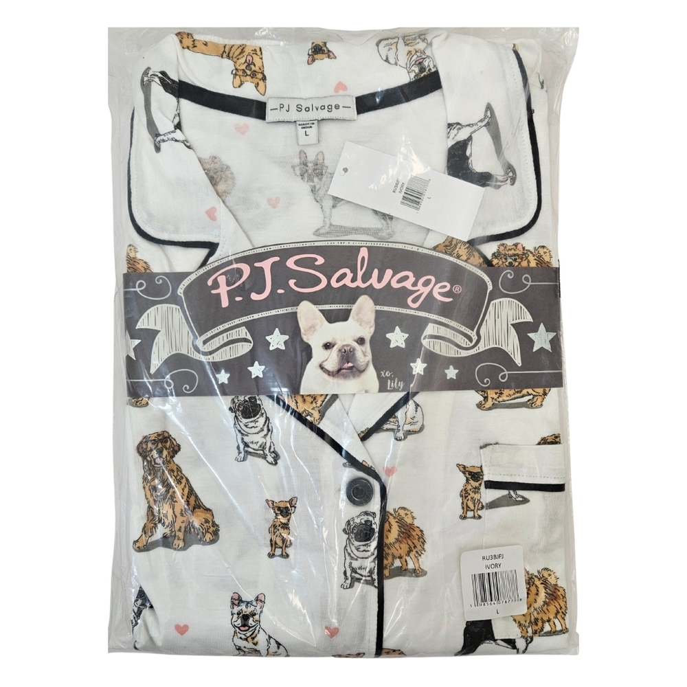 PJ Salvage Jersey Pajama Set Dogs Women Large Ivory Top & Pants NWT 🐶🐕